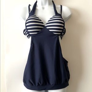 Women’s Tankini Bathing Suit Top Blue and White Halter Tie & Adjustable Straps L